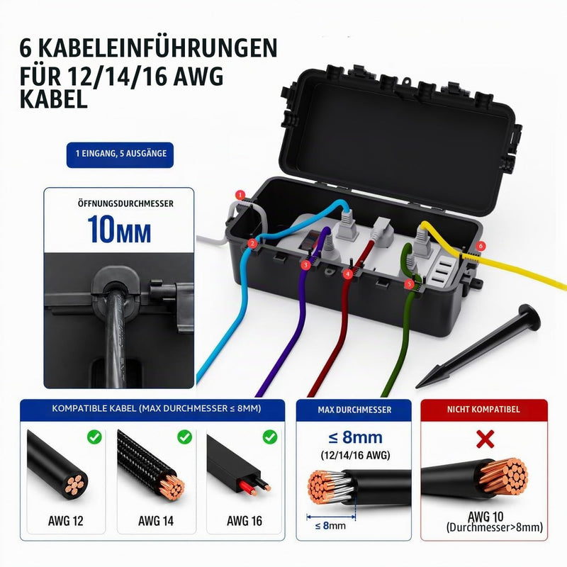 IP65 Waterproof Medium Outdoor Cable Box (26.3 x 13.5 x 9.8 cm), 6 Cable Entrance, Waterproof Connection Boxes with Ground Anchors for Power Strips, Timer Switches and Garden Decoration, Black