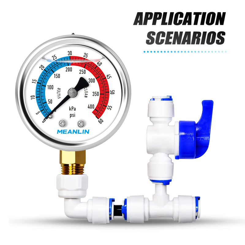 [Australia - AusPower] - MEANLIN MEASURE 0-60psi Pressure Gauge, 2-Inch Dial Glycerine Filled Pool Filter, 304 Stainless Steel Housing, Center Back Mount, 1/4" NPT With 1/2" and 3/8" NPT Hex Bushing 0-60Psi/0-400Kpa 