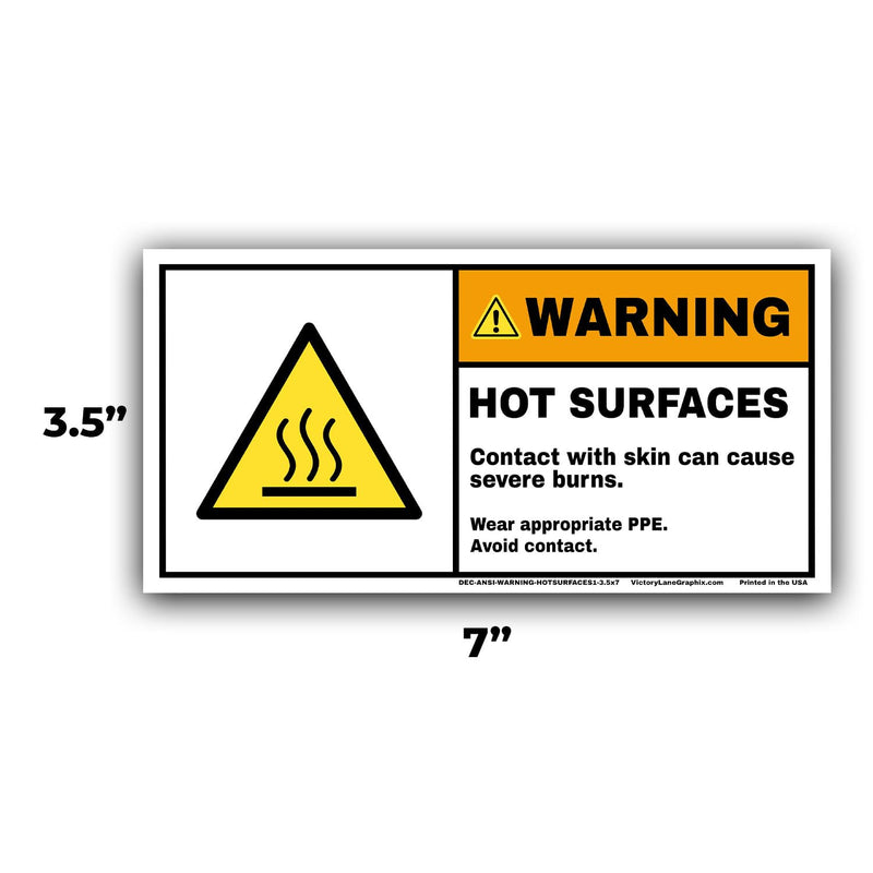 Hot Surface Warning Labels – ANSI Z535 Style WARNING Decals, 3.5” x 7” (Pack of 10) | Burn Hazard, PPE Required | Industrial Safety Stickers by Victory Lane Graphics