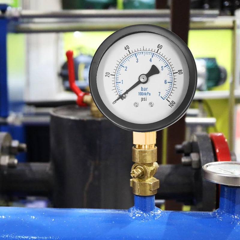 [Australia - AusPower] - Editbar Pressure Gauge 62 mm 0-7 Bar 0~100 Psi, Well Pump Pressure Gauge, Black Dial, 1/4 Inch BSP Nipple Copper Adapter with 1/2 Inch BSP and 3/8 Inch BSP Brass Socket Adapter and Teflon Strap 