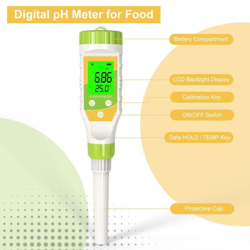 [Australia - AusPower] - Digital pH Meter for Food, 0.01 Resolution High Accuracy Food pH Tester with Backlit LCD Display and ATC for Meat, Bread, Canning, Brewing, Cheese, Solid Sampling, Soft Soil and Water Yellow 