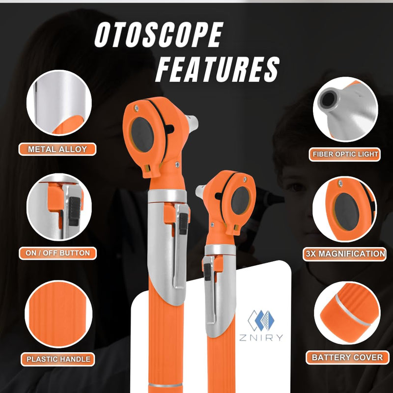 [Australia - AusPower] - Mini Otoscope - Ear Scope with Light, Ear Infection Detector Mini Otoscope - Portable Ear Light and Exam Kit for Home Use - 3X Magnifying Fiber Optic Scope (Orange) Orange 