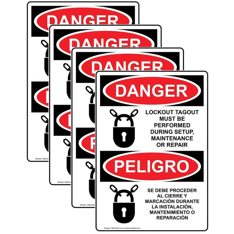 ComplianceSigns.com Danger Lockout Tagout Setup Maintenance English + Spanish OSHA Safety Label Decal, 5x3.5 in. 4-Pack Vinyl