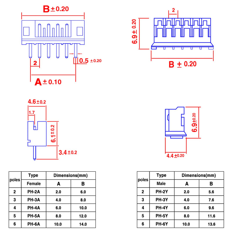 Taiss JST PH 2.0 Connector Kit 2/3/4/5/6-Pin JST Adapter Male and Nut Plug PH 2.0 mm JST Cable Connector Adapter F-066-580 Pieces PH2.0 Connector Kit