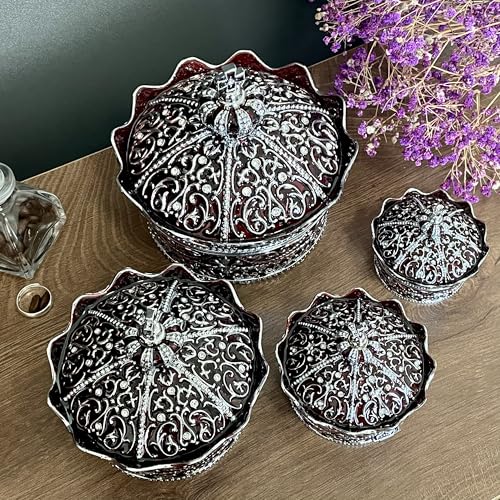 Crown Shape Jewelry Chest, Yurt Style Vintage Metal Gem Box, Round Alloy Retro Patterned Storage Case (Chrome Red, XL) Chrome Red