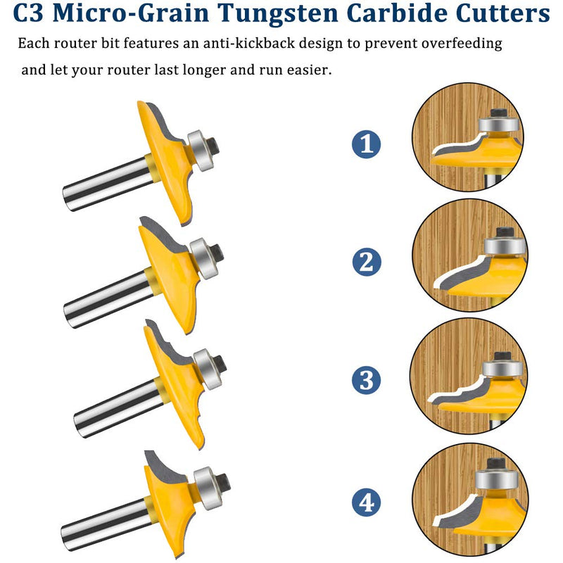 TAIWAIN Router Bit Set 4PCS 1/4 Inch Shank Door&Drawer Front Edging Bits, Miter Frame Crown Molding Wood Milling Cutter Router, Woodworking Miter Carbide CNC Cutting Tool for Woodwork(F-1-4MG) 4