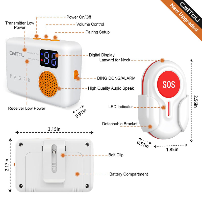 [Australia - AusPower] - CallToU Caregiver Pager Wireless Call Button 1000FT for Elderly Monitoring Vibration Call Bell Medical Alert System with Digital Display Low Power Reminder 2 Portable Receiver 2 SOS Call Button 2 Call Button + 2 Receiver 