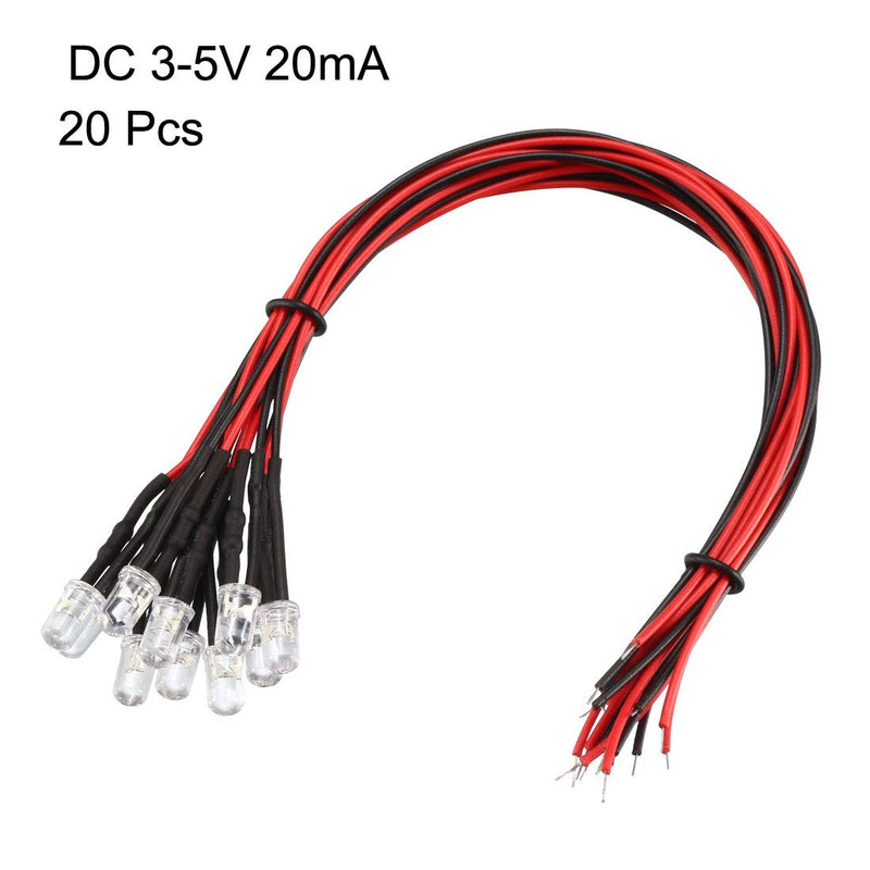 [Australia - AusPower] - uxcell 20Pcs 5mm Pre Wired LED, Red DC3-5V Clear Lens, Light Emitting Diodes 