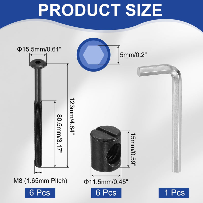 [Australia - AusPower] - PATIKIL Furniture Bolt Nut Set, 6 Pcs M8 x 120 mm Metric Carbon Steel Flat Head Hex Socket Cap Screws Bolts with Barrel Nuts Hex Key Wrench for Beds Headboards Chairs, Black M8 x 120mm 