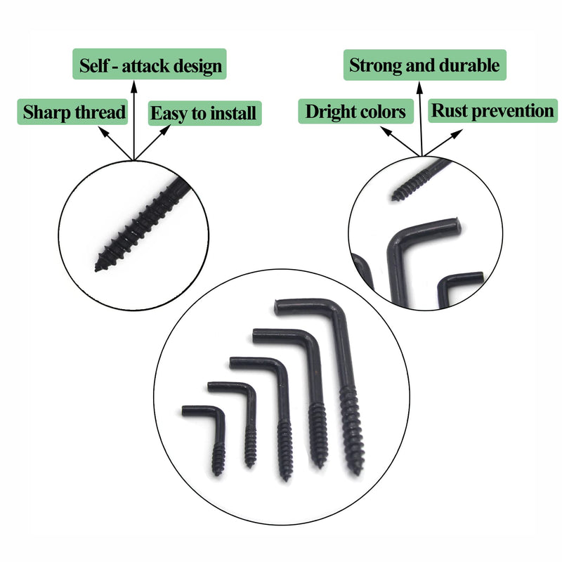 [Australia - AusPower] - 60 pieces 5 sizes Gun Black spiral in square bend hook kit, galvanized square bend hook self tapping screw hook for home/workplace/office Black60pcs5size 