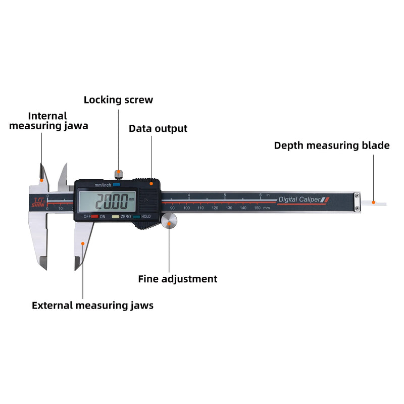 [Australia - AusPower] - SHAN Calipers Measuring Tool,Big LCD Digital Caliper, Inch Metric Fraction Conversion,0-6" Calipers Measuring Tool - with Large LCD Screen, Digital Caliper Tool for DIY/Household 