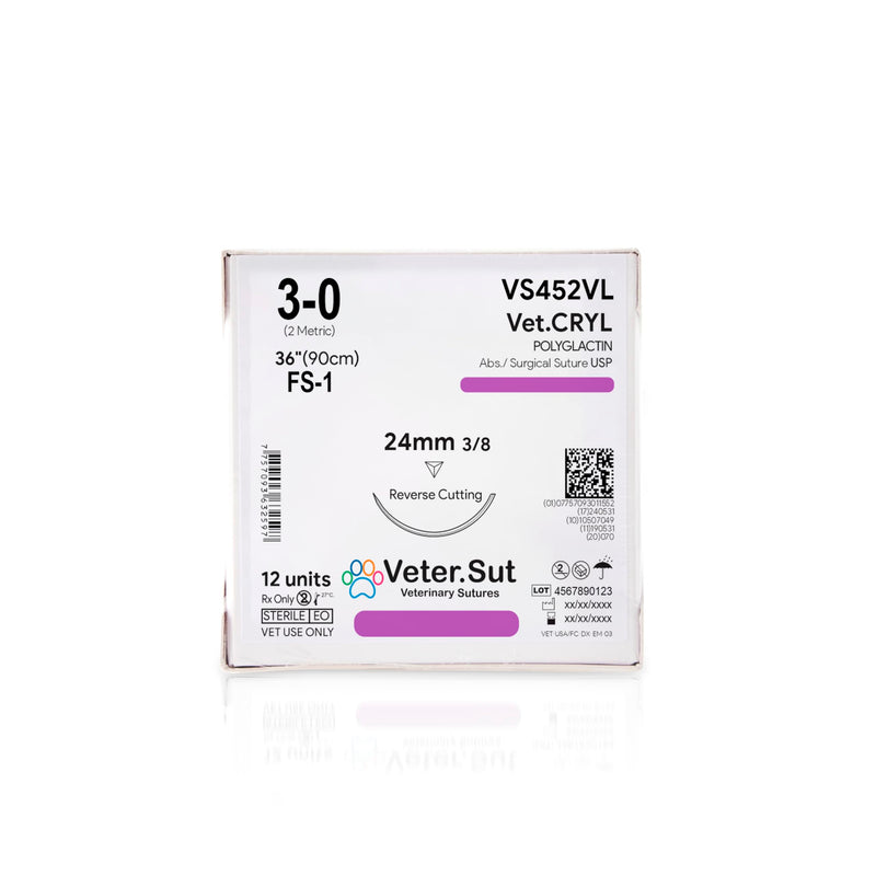 [Australia - AusPower] - VeterSut VetCRYL Absorbable Polyglactin Surgical Suture USP Size 3-0, (FS-1) 3/8 24mm Reverse Cutting Needle, 36 Inches (90 cm), 12 Count, Veterinary Use 