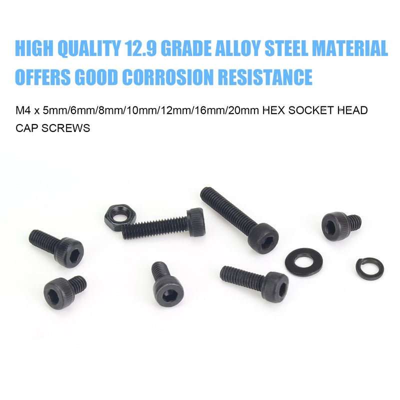 [Australia - AusPower] - 386 Pieces M4 Black Screws, 12.9 Grade Alloy Steel M4x 5/6 /8/10 /12/16 /20mm Hex Socket Head Cap Screws Bolts Nuts Washers Assortment Kit 