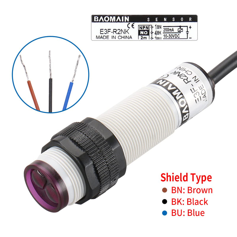 [Australia - AusPower] - Baomain Photoelectric Sensor E3F-R2NK Retroreflective Optical Sensor Switch DC 10-30V NPN NO Sensing Distance 2m with Reflector Panel 