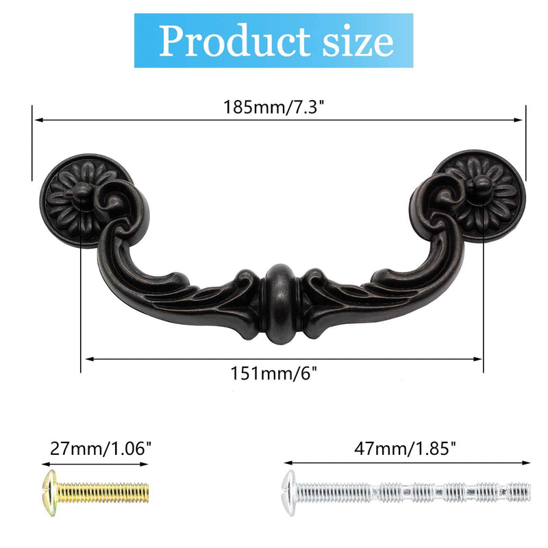 Biaungdo 8 Pcs 151mm/6 Hole Center Pull Handles, Zinc Alloy Rustic Vintage Style Drop-Down Bail Swing Dresser Pull Handle Antique Drawer Handles for Kitchen, Cabinet (7.3" Total Length)