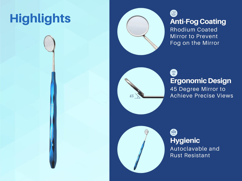 [Australia - AusPower] - Dental Mirror Stainless Steel with Blue Plasma Handle, Set of 5 Dental Mirrors Front Surface Rhodium Plasma Coated Cone Socket Threading by Artman Instruments 
