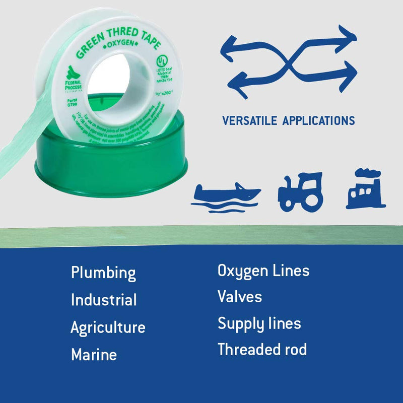 [Australia - AusPower] - Gasoila Green PTFE High Density Thread Tape for Oxygen, -450 to 550 Degree F Performance Temp, 3.7 mil Thick, 260" Length, 1/2" Width, 3-Pack (GT90-3) 3 Rolls - 1/2 Inches x 260 Inches 