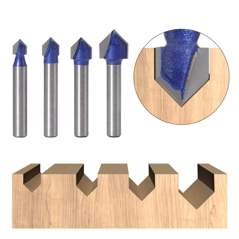 Yakamoz Industrial Grade 1/4-Inch Shank 90 Degree V Groove Router Bit Set CNC Engraving V Grooving Bit Cutter for 3D Signmaking Lettering Carving Woodworking Tool, Cutting Dia. 1/4", 5/16", 3/8", 1/2" V Groove Router Bits