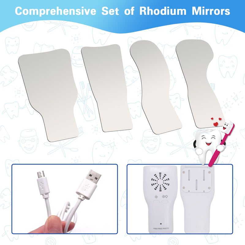 [Australia - AusPower] - Fog-Free Dental Occlusal Photographic Mirror Device with 4 Rhodium Intraoral Reflective Mirrors for Dentistry, Anti-Fog Fan and LED Lighting Handle with Plated Glass Reflectors Oral Inspection Kit 