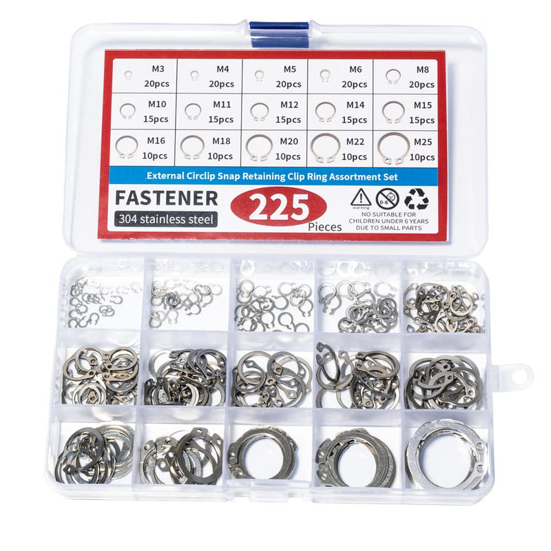 225Pcs External Retaining Rings Snap Rings Assortment Kit, 304 Stainless Steel External C-Clip Set, 15 Sizes Circlip Snap Rings M3 - M25… 225pcs C-clip stainless steels