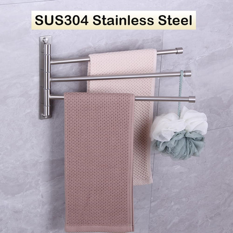 Swing Out Towel Bar Stainless Steel 3-Bar Folding Arm Swivel Hanger Bathroom Storage Organizer Rustproof Wall Mount Brushed Finish