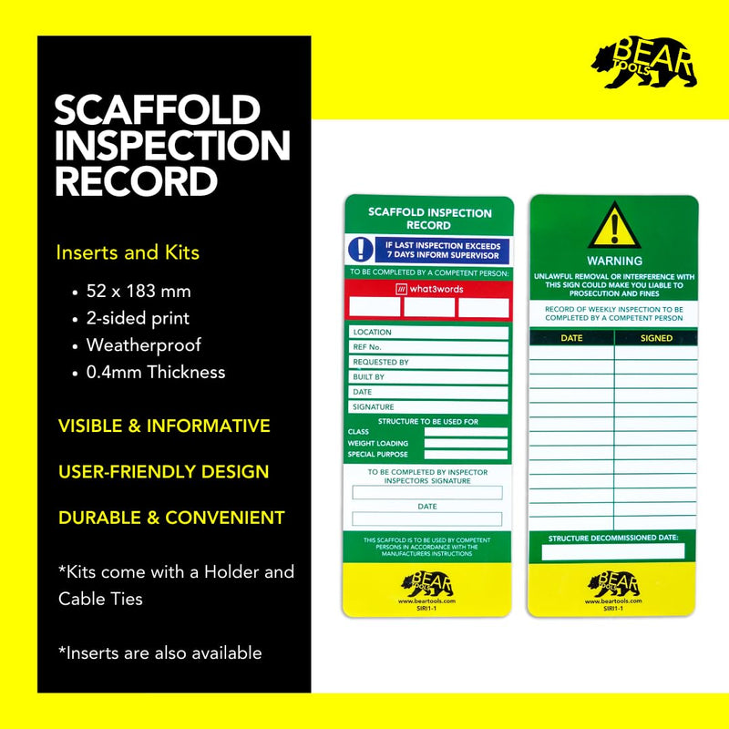 BearTOOLS Scaffold Inspection Record Kit Clear Easy Access Quality Waterproof (10 Inserts (Only)) 10-insert