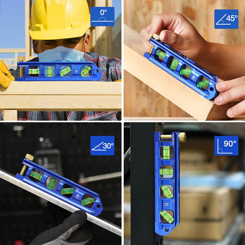 [Australia - AusPower] - WORKPRO Conduit Bending Level, Magnetic Torpedo Level, Pipe Level, Bubble Vials for 0°/90°/30°/45° Measurements, Aluminum Alloy Construction, 6.3-inch, Cobalt Blue 6.3inches 