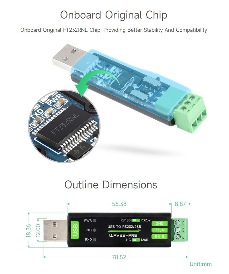 [Australia - AusPower] - Waveshare USB to RS232/485 Serial Converter, Onboard Original FT232RNL Chip, Features More Stable Transmission, Suitable for Multiple Devices, Compatible with Mac/Linux/Android/Win11/10/8.1/8/7, etc 