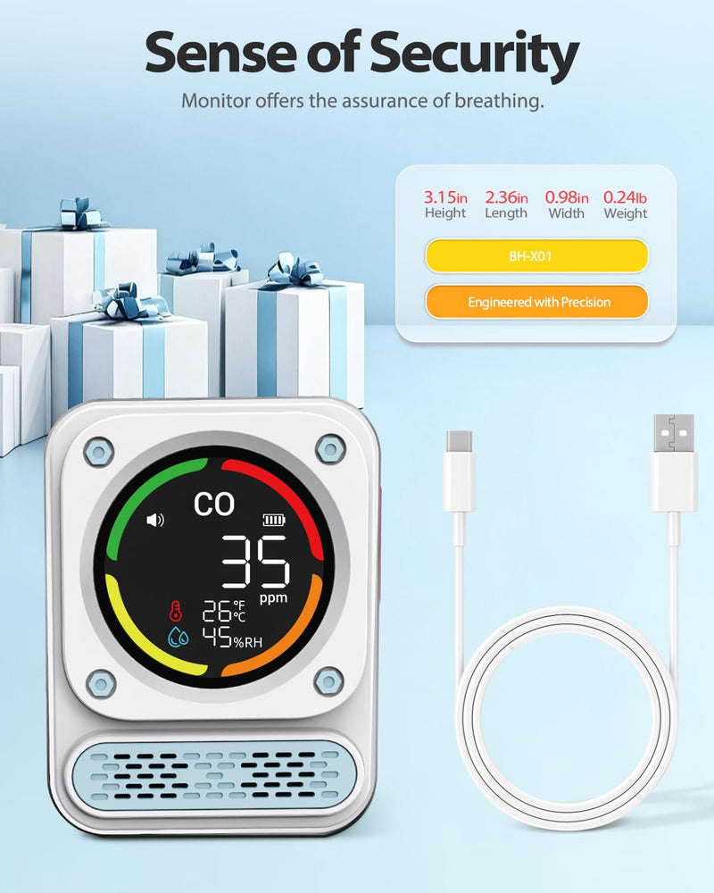 MOESAPU 3-In-1 Portable Carbon Monoxide Detector, 0-1000ppm CO Meter with Temperature Humidity, 260H Standby Rechargeable Battery, Magnetic Air Quality Monitor Alarm for Travel car Camping Home Safety White