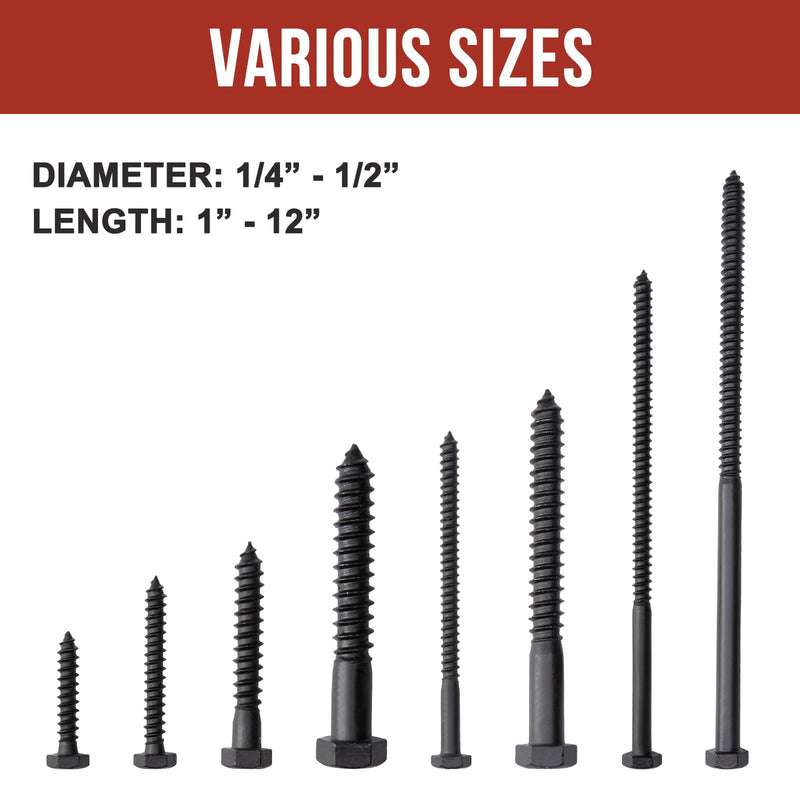 1/4" x 4" Lag Bolts (100 PCS) Black Lag Screws for Wood, Double Anti-Rust Coatings, Heavy Duty Hex Head with Washers 1/4"x4"
