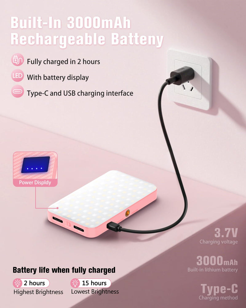 168 LED Selfie Light for iPhone, Phone Light, 3000mah Rechargeable Picture Light Clip Portable Lights for Phone, Camera, Laptop, iPad, 3 Lights Modes for Makeup, Video Conference, TikTok, Vlog (Pink) Pink