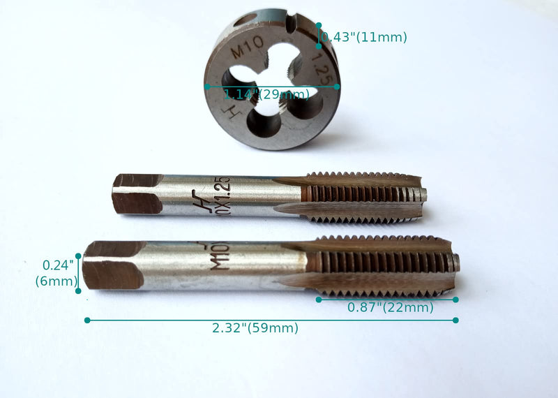 [Australia - AusPower] - M10x1.25 Metric Hand Thread Tap and Die, 1 Tapper Tap, 1 Plug Tap, 1 Round Die, Right Hand, 1.25mm Pitch (M10x1.25, Tap&Die) M10x1.25 
