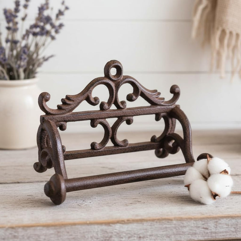 Comfy Hour French Scroll Decorative Cast Iron Toilet Paper Holder, Victorian Style Wall Mounted Paper Roll Organizer, Rustic Farmhouse Home Hardware, Antique Finished Metal, Brown, 1 Piece