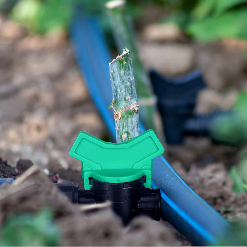 [Australia - AusPower] - Hiboom 20 Pcs 5/8" Drip Tape x 1/4" Barb Tubing Takeoff Adapter Valve Extended Barb Design for a Tighter Fit Green T Handle Water Valve Adjustable Shut Off Valve for Watering Plants in Gardens Lawn 