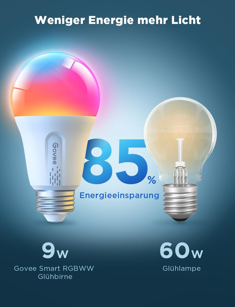 Govee Smart Bulb E27, WiFi LED Lamp RGBWW Compatible with Matter, Alexa and Google Assistant, dimmable with 16 million DIY Colors, 800LM, 54 Scenes, Smart Home Alexa Accessories, 2 pack | Smart bulb compatible with Matter, Alexa and Google Assistant, 1...