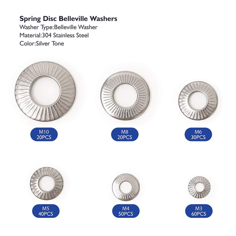 [Australia - AusPower] - 220PCS Metric M3 to M10 304 Stainless Steel Conical knurled Spring Washer Belleville Washer Assortment Kit 