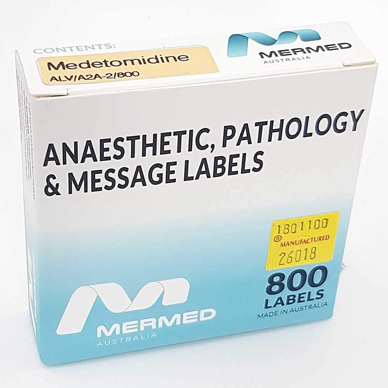 Medetomidine Anesthetic Syringe Labels - Box of 800 Labels on roll (1" core) in Box. Printed in Australia by Specialist Medical Printer. Latex-Free Adhesive.