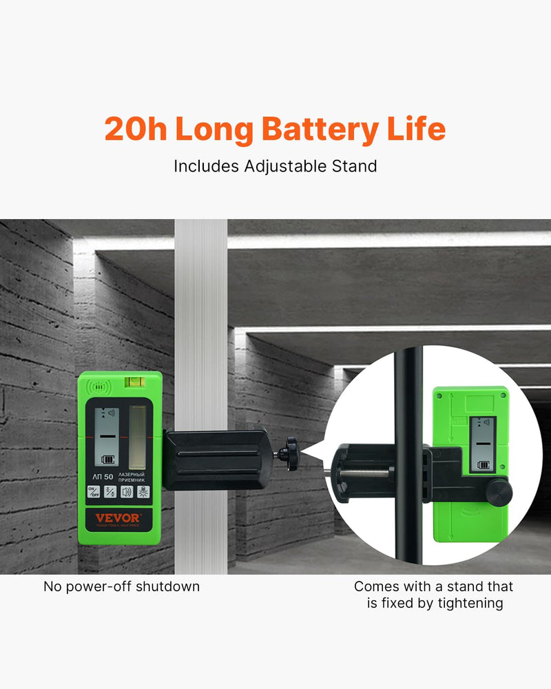 [Australia - AusPower] - VEVOR Laser Receiver, 197 ft Working Range, Green Laser and Red Beam Detector for Pulsing Line Lasers, Customizable Speaker & Dual LCD Display & Built-In Bubble Level with Clamp for Laser Level 