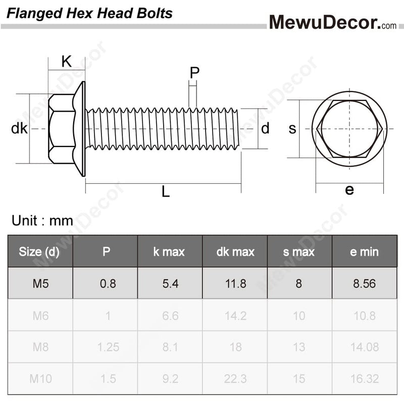 [Australia - AusPower] - M5-0.8 x 20mm Flanged Hex Head Bolts Flange Hexagon Screws, Stainless Steel 18-8 (304), Plain Finish, 40 PCS M5 x 20mm 