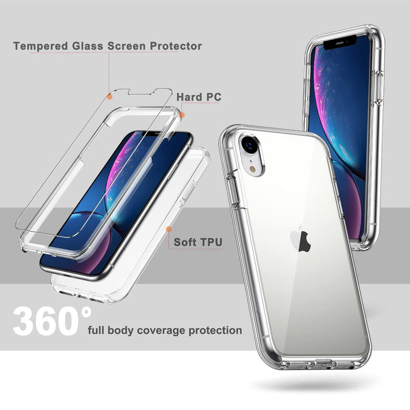 [Australia - AusPower] - COOLQO Compatible for iPhone XR Case, with [2 x Tempered Glass Screen Protector] Clear 360 Full Body Coverage Hard PC+Soft Silicone TPU 3in1 [Heavy Duty Shockproof Defender] Phone Protective Cover 111_Clear XR 6.1 inch 