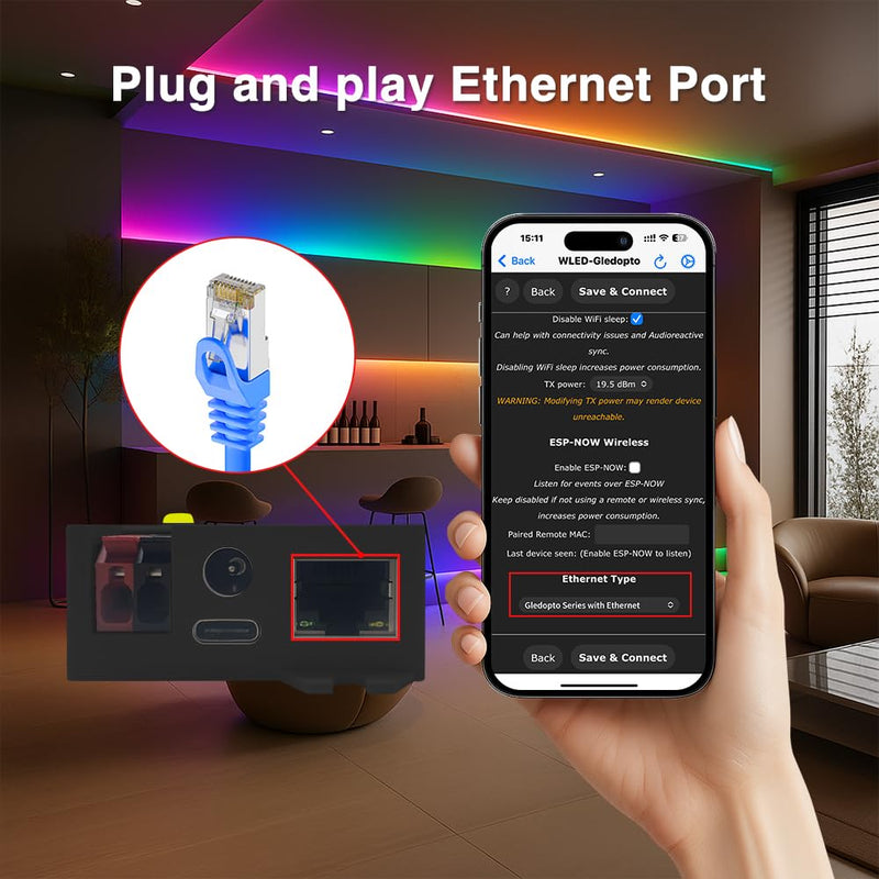 GLEDOPTO ESP32 WLED Controller with Ethernet Music Response UART 20A Plug Fuse LED Controller for WS2811 WS2812 SK6812 WS2815 Digital Addressable RGB IC Strip Light (616WL) 616WL