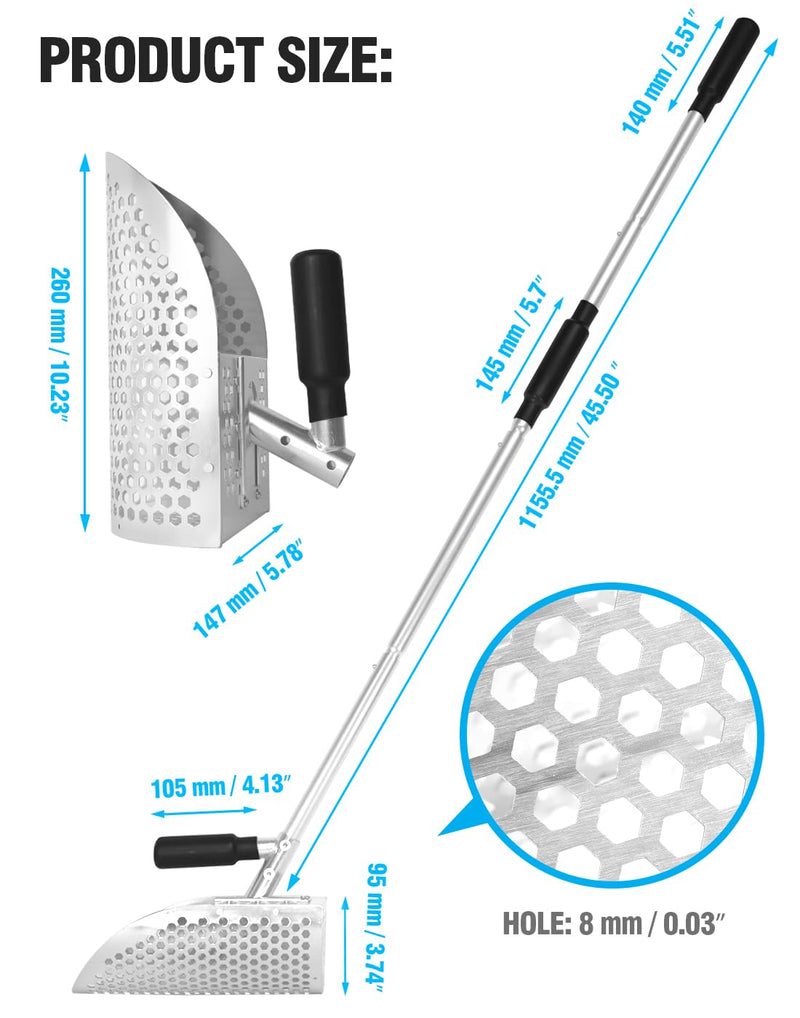 Sand Scoop for Metal Detecting, Heavy Duty Anodized Aluminum Metal Detector Beach Finds Scoop, Metal Detecting Tool Digging Sifting Shovel with 42 inch Handle Silver Sand Scoop + Handle