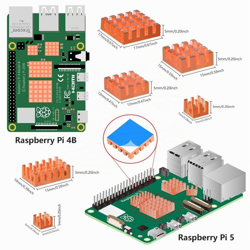 GeeekPi Pure Copper Heatsinks for Raspberry Pi 5/Pi 4B, CPU Cooler Heatsinks with Thermal Conductive Adhensive Tape, Compatible with Raspberry Pi 5/Raspberry Pi 4 Model B, Pack of 18