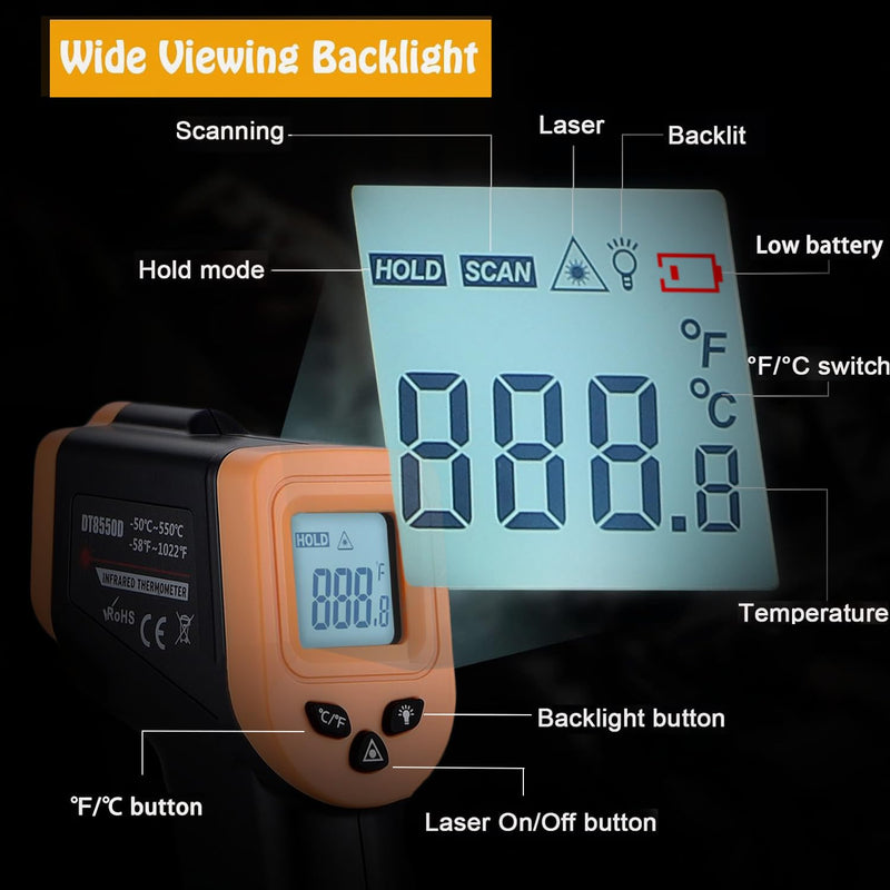 [Australia - AusPower] - Infrared Thermometer Gun for Cooking, Laser Thermometer Gun for Blackstone Pizza Oven, -58?~1022? Non Contact Temperature Gun with Carrying Storage Case, LCD Backlit (NOT for Human) Black 