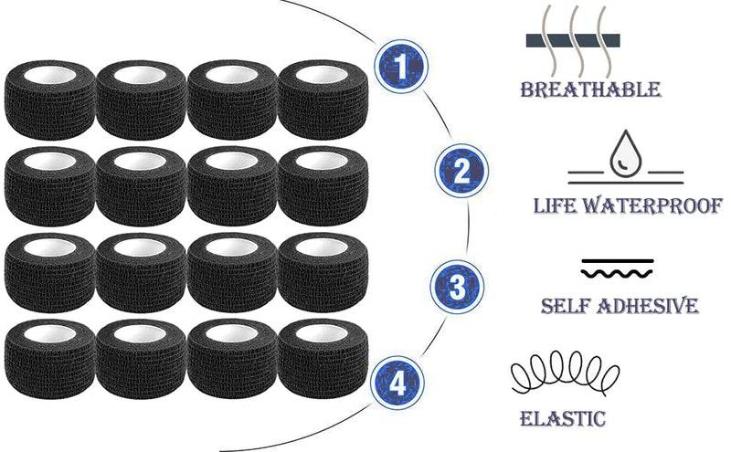 [Australia - AusPower] - Self Adhesive Bandage Wrap,1 Inch 5 Yards 16 Pack Black Elastic Flexible Cohesive Bandages, Vet Wrap Tattoo Sports Tape Bulk for First Aid Supplies (Black) 1 Inch Vet Wrap (16 Pack) 
