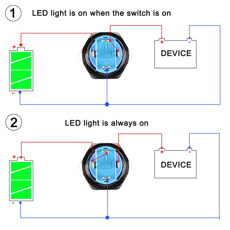 [Australia - AusPower] - 2pcs 12mm Micro Metal Latching Push Button Switch Raised Head Waterproof Anti-Vandal Self-Locking Black Shell with Wires for 1/2" Mounting Hole 12V-24V ON Off 4-Pin 1NO Halo Ring LED Light Red 