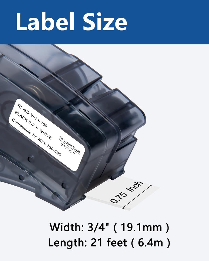 3/4'' Vinyl Label Compatible for M21-750-595-WT Label Cartridge, 0.75" W X 21' L Black on White Tape for Indoor and Outdoor, Lab Equipment Labeling, 3 Pack, NOT Compatible for M210 and M211 3Pack-0.75''(3/4'')