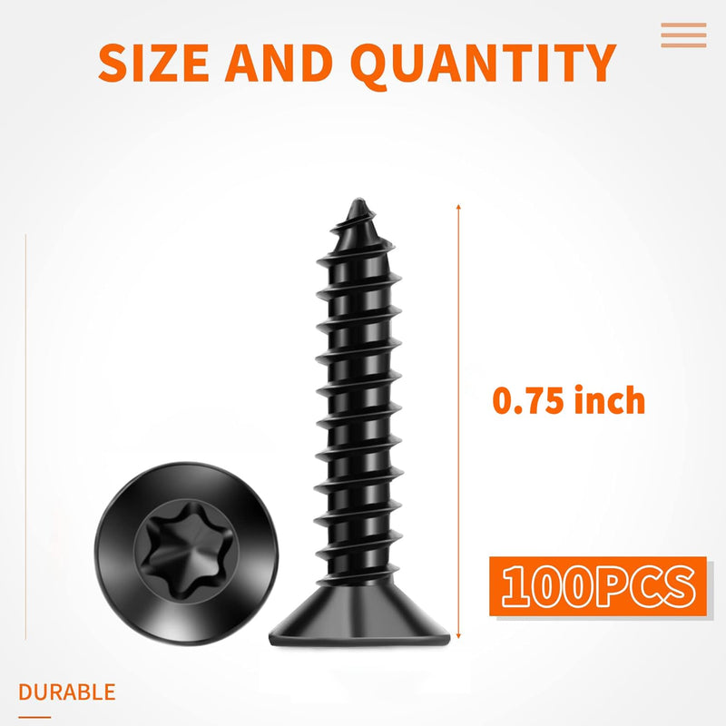 [Australia - AusPower] - 100 PCS #6 x 3/4" Flat Head Torx/Star Wood Screws, 18-8 (A2) Stainless Steel, Full Threaded & Black Coated for Durability, T15 Drive Bit Included, No.6 X 3/4" Multipurpose Screw by TPOHH #6 X 3/4 inch 100 