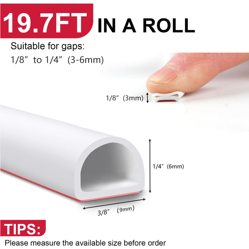 [Australia - AusPower] - ?New Upgrade?Silicone Weather Stripping Door Seal, 19.7 Feet Self Adhesive D-Shaped Door Weather Stripping for Door & Window, Seals Large Gap 3/8" (W) x 1/4" (T) x 19.7' (L) White 