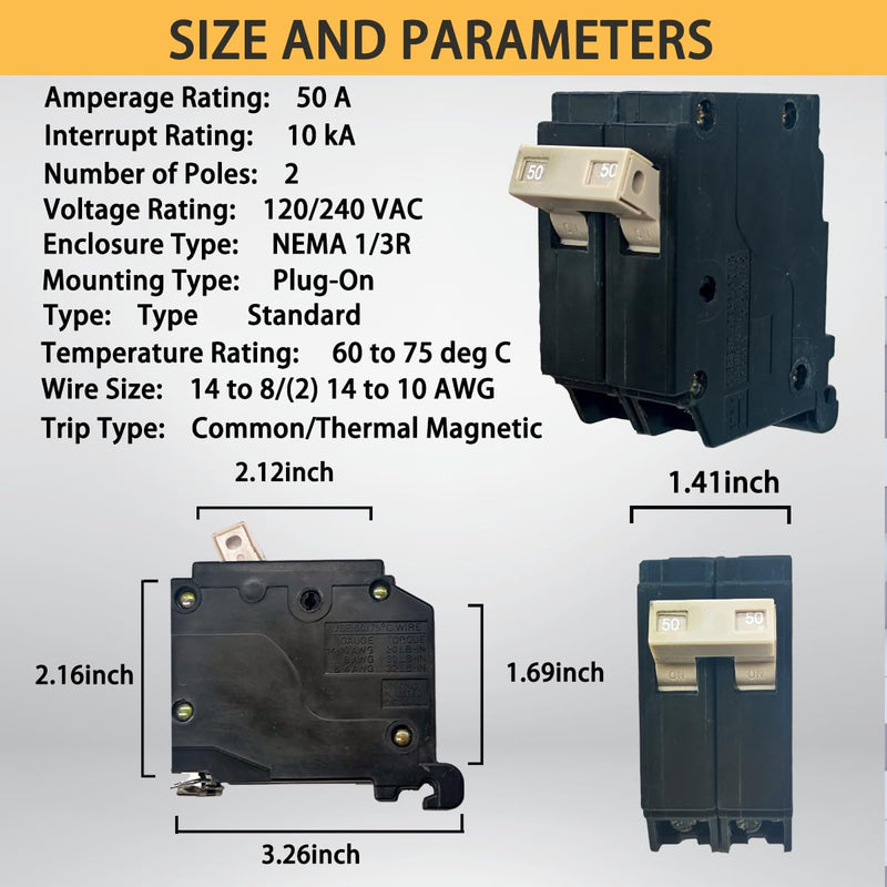 [Australia - AusPower] - 250 2-Pole 50 Amp Circuit Breaker, Type 3/4-Inch Plug-On Molded Case Circuit Breaker, Thermal Magnetic Protection, 10 KAIC, 120/240V, Fit for Cutler Hammer Load Centers - 5 Years Warranty…… 50 Amp 2 Pole Breaker 